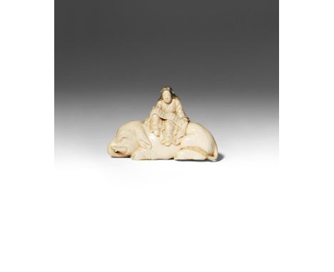 A JAPANESE IVORY NETSUKE OF A BEAUTY MEIJI PERIOD, 19TH CENTURY Carved as Eguchi no Kimi seated on an elephant, the courtesan