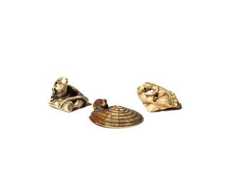 THREE JAPANESE NETSUKE OF RATS MEIJI PERIOD, 19TH CENTURY Two in ivory, the first depicted on a large straw hat, realisticall