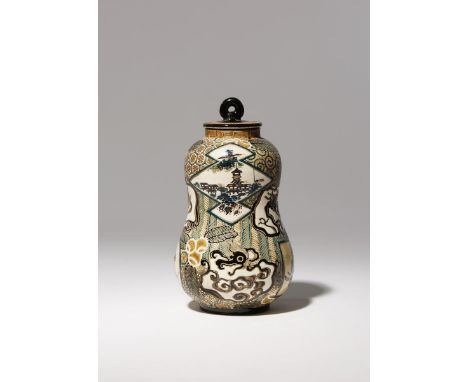 A SMALL JAPANESE KYOTO WARE TEA CADDY MEIJI PERIOD, 19TH OR 20TH CENTURY The gourd-shaped body decorated in thick yellow, gre