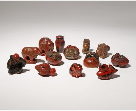 A COLLECTION OF THIRTEEN WOOD AND LACQUER NETSUKE EDO PERIOD AND LATER, 18TH AND 19TH CENTURY Most in negoro style, variously