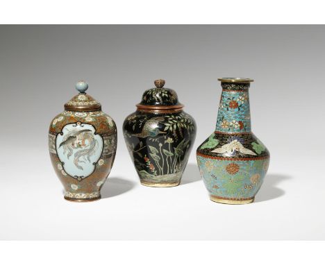 THREE SMALL CLOISONNE ENAMEL VASES 19TH CENTURY Two Japanese, of baluster form and with covers, one decorated with ho-ho bird