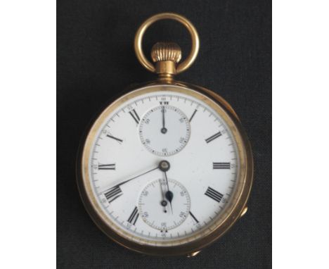 H.A.W. BENSON OF LONDON, 18CT GOLD OPEN FACED KEYLESS POCKET WATCH, having white enamel face with Roman numerals, large hand 