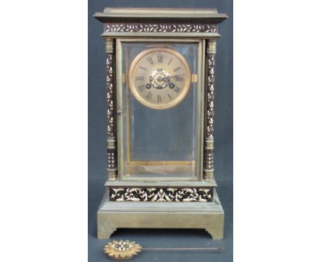 LATE 19TH CENTURY FRENCH BRASS AND CHAMPLEVÉ ENAMEL, FOUR GLASS, LIBRARY MANTEL CLOCK, the case with stepped flat top over be