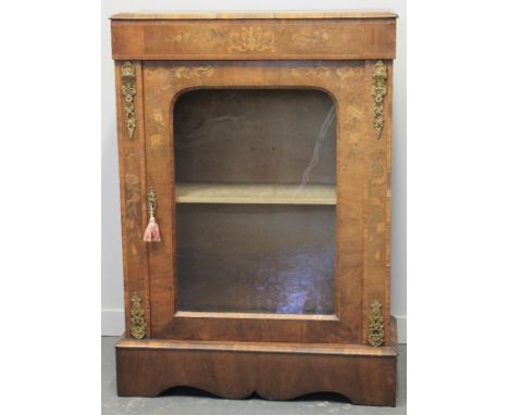 VICTORIAN INLAID WALNUT STRAIGHT FRONTED PIER CABINET, overall decorated with foliate design and having gilt metal mounts, ar