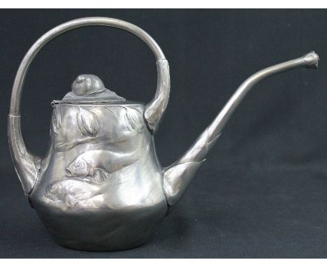 KAYSERZINN PEWTER WATERING CAN designed by Hugo Leven, model number: 4205, cast in low relief with fish below border of flowe