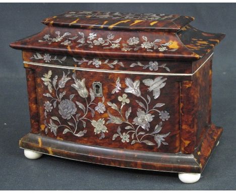 LATE GEORGIAN, REGENCY PERIOD MOTHER-OF-PEARL INLAID TORTOISESHELL BOW FRONTED TEA CADDY, having hinged sarcophagus type cove