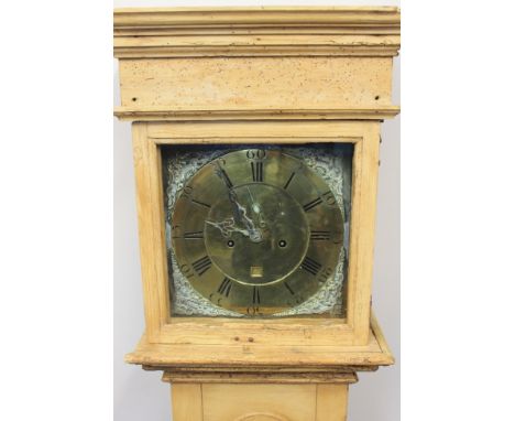 18TH CENTURY BRASS FACED LONG CASE CLOCK by John Evans of Lampeter, the plain pine case now stripped, arch moulded door and p