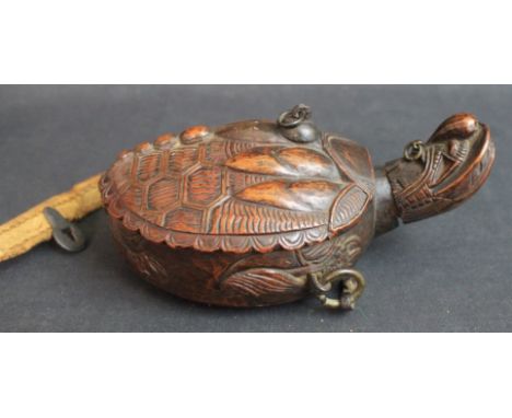 AN UNUSUAL ASIAN WOODEN FLASK IN THE SHAPE OF A TERRAPIN with overall moulded and carved decoration, with stopper in the form