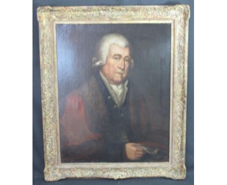 BRITISH SCHOOL, portrait of a bewigged 18th Century gentleman in fur trimmed red gown, holding a document.  77 x 63cm. CONDIT