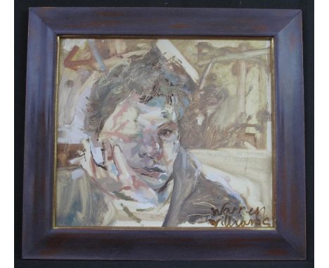 WARREN WILLIAMS, (Welsh, contemporary), 'Famous in Waiting', possibly a portrait of Dylan Thomas, acrylic on board. Inscribed