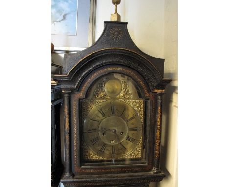 LATE 18TH CENTURY 8 DAY LONG CASE CLOCK in overall chinoiserie lacquered and painted case, having arched brass face with Roma