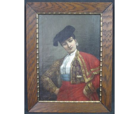 A. GOMEZ VILA, (19th Century Spanish), portrait of a female bull fighter, signed and dated: 1885, oils on canvas. 32 x 23cm. 
