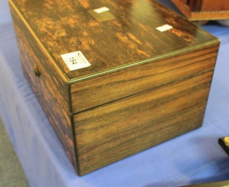 VICTORIAN COROMANDEL LADY'S BRASS MOUNTED VANITY BOX revealing fitted interior containing assorted glass and silver topped dr