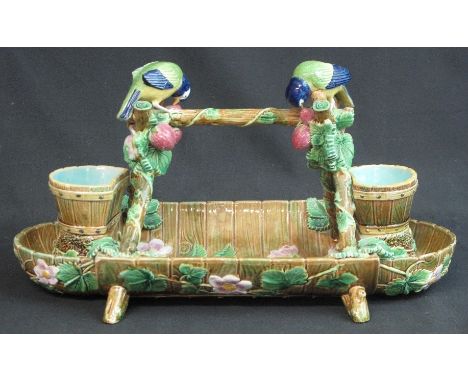 GEORGE JONES, MAJOLICA POTTERY STRAWBERRY DISH, modelled as a pair of Blue Tits pecking at strawberries on a twig design, 'A'