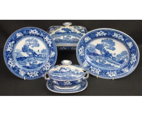 WEDGWOOD PEARLWARE POTTERY 'FALLOW DEER' DESIGN DINNER SERVICE, overall transfer printed in blue and white with impressed and