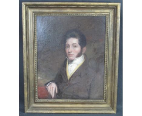 EARLY 19TH CENTURY BRITISH SCHOOL, portrait of a young gentleman in high collar and stock, oils on canvas.  52 x 42cm. CONDIT