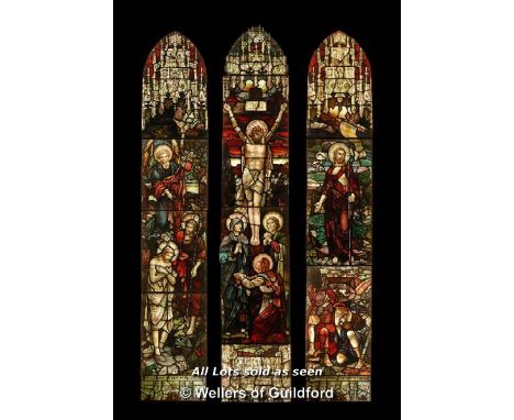 *THREE LIGHT WINDOWS DEPICTING THE CRUCIFIXION. HEIGHT 4185MM X 810MM WIDE