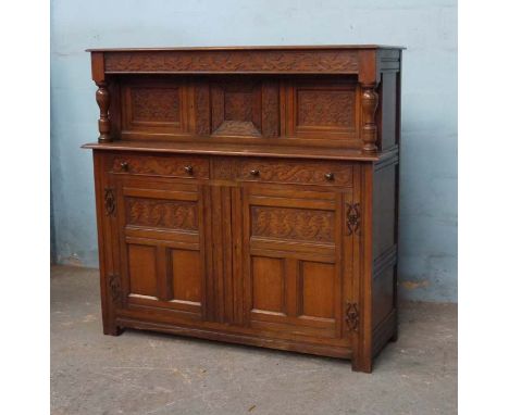 *OAK COURT CUPBOARD MID 20THC. 1445MM ( 37.75" ) HIGH X 1525MM ( 60" ) WIDE X 495MM ( 19.5" ) DEEP. HEIGHT OF SHELF 990MM ( 3