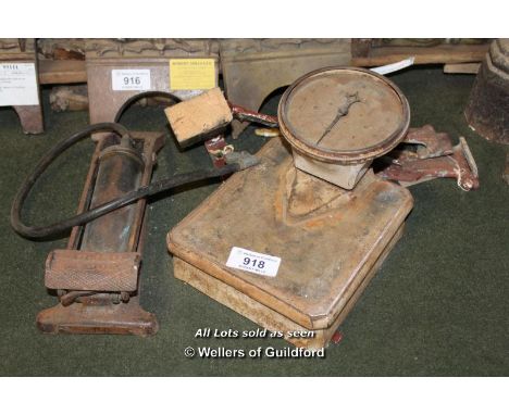 *SET OF SALTER SCALES AND A DUNLOP FOOT PUMP, STRAP HINGES, SINK BRACKETS, 1930'S KITCHEN GADGET