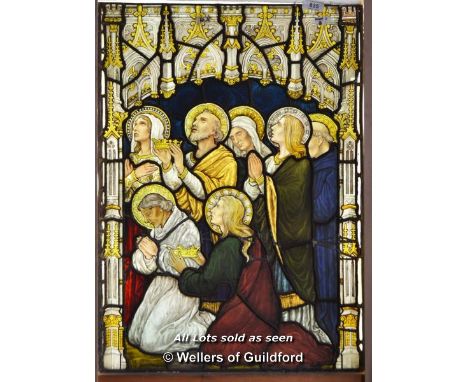 *DECORATIVE STAINED GLASS PANEL OF THE SAINTS IN ADORATION&nbsp;790mm W x 1090mm H.