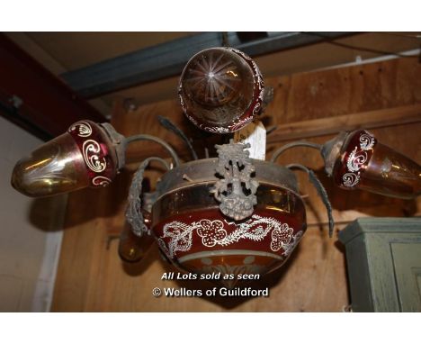 *EASTERN EUROPEAN HANGING LIGHT WITH RED AND AMBER GLASS SHADES [0]