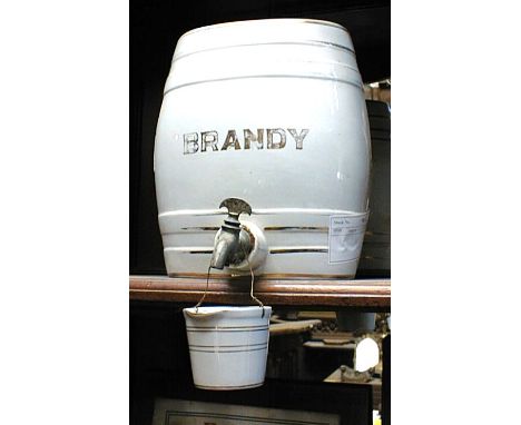 *VICTORIAN WHITE CERAMIC 'BRANDY' BARREL WITH DRIP PAN (NO LID), EARLY 1900S. 275MM (10.8IN) HIGH X 260MM (10.2IN) WIDE- WITH