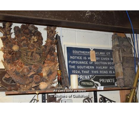 *SHELF CONTAINING MIXED ITEMS INC. CAST IRON SIGNS