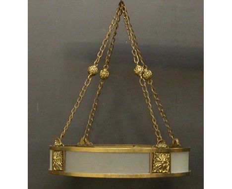 *CIRCULAR FROSTED GLASS HANGING LIGHT SHADE. CIRCA 1930. HEIGHT 560MM (2IN) INCL. CHAIN X DIAMETER 455MM (17.75IN) [0]