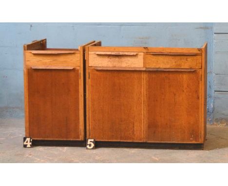 *1.5M RUN OF VINTAGE LABORATORY CUPBOARDS, 1950S. 515MM ( 21" ) WIDE X 535MM ( 21" ) DEEP X 890MM ( 35" ) HIGH- FIVE SECTIONS
