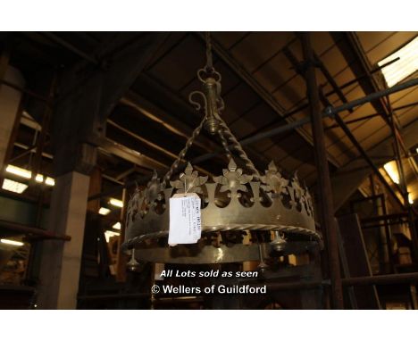 *GOTHIC BRASS LIGHT FITTING BY HAYES &amp; FINCH, CIRCA 1900.  765MM (30IN) HIGH X 545MM (21.5IN) DIAMETER [0]