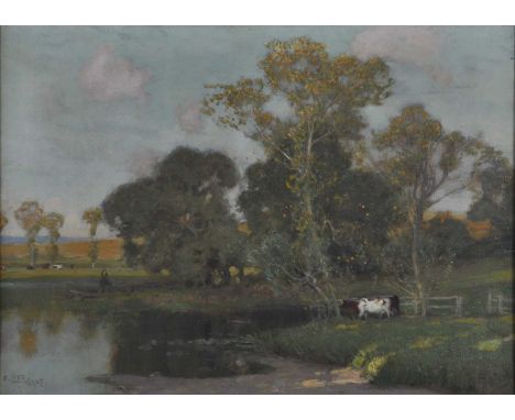 Alfred East (1844-1913) - A shady pool, oil on canvas, signed lower left, 40 x 55cm, labelled versoCanvas good.Paint good and