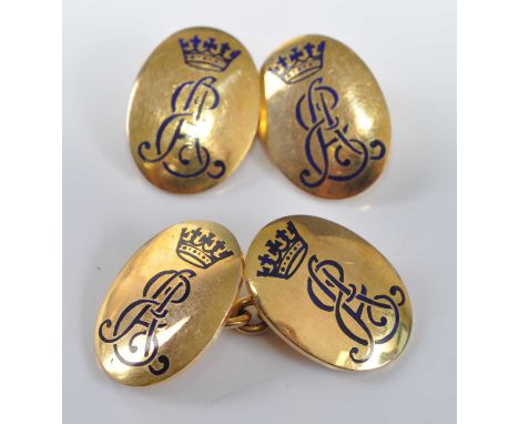 A pair of gilt metal double-ended cufflinks, each with two 19 x 14mm oval plates engraved with Royal monogram EA surmounted b