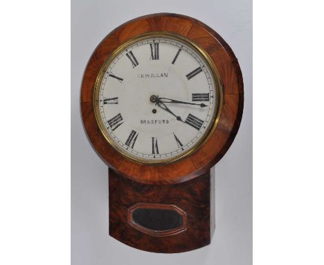 G R Mullan of Bradford - a Victorian figured walnut droptrunk wall clock, having a signed circular white dial (overpainted), 