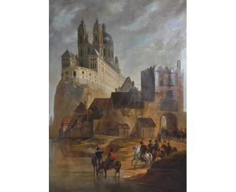 19th century continental school - Soldiers on horseback before Melk Abbey, Austria, oil on canvas, 161 x 116cmSeveral patch r