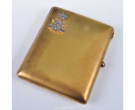 A yellow metal rectangular cigarette case, having a royal monogram in the corner set with thirty-nine 1.1 to 1.55mm rose cut 