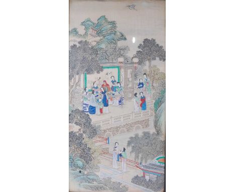 Early 20th century Chinese school - Women having a meal on a riverfront garden terrace, ink and colour on silk, signed and wi