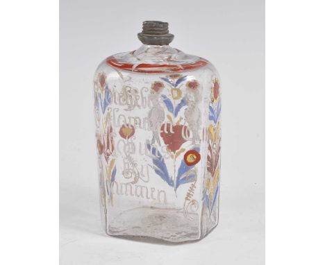 A circa 1770 Bohemian glass brandy bottle, enamel decorated with birds amongst flora and inscribed 'Diebebrs flammen halfuns 