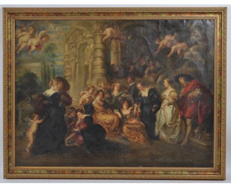 After Peter Paul Rubens (1577-1640) - The Garden of Love, oil on canvas, 96 x 130cmOriginal canvas, but quite ‘loose’.Paint g