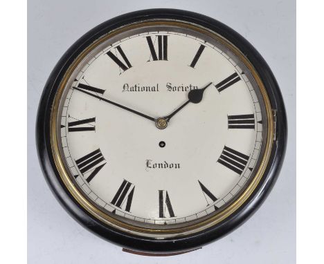 National Society London - a Victorian ebonised case school clock, having signed white enamel dial, brass bezel (lacking glass