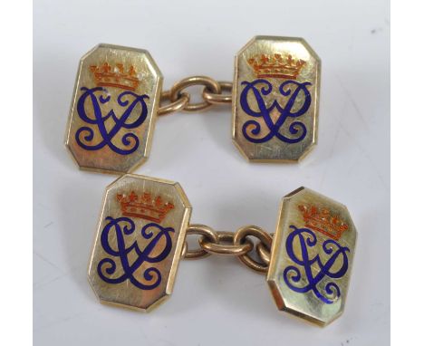 A pair of 9ct yellow gold double-ended cufflinks, each featuring a 15 x 10mm octagonal plate engraved with Royal monogram VE 