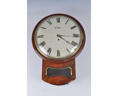 A circa 1820 mahogany and brass inlaid droptrunk wall clock, the 12" convex white enamel dial signed W Ray and having Roman n