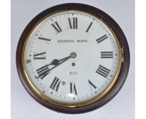 Edward Nunn of Ely - a Victorian mahogany cased circular dial school clock, the signed 12" white enamel Roman dial having a s