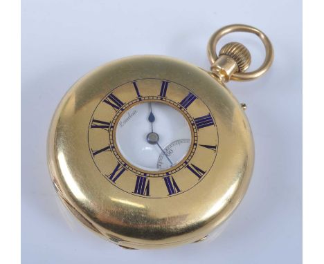 J W Benson of London - 'The Field Watch', a gent's 18ct gold cased half hunter pocket watch, having a signed white enamel Rom