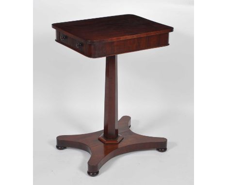 A William IV mahogany pedestal occasional table, the rectangular top with rounded corners and single end frieze drawer opposi