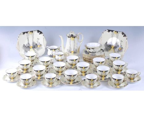 A 1930s Art Deco Shelley 'Sunset and Tall Trees' pattern part tea and coffee service, in the Cambridge shape, having printed 