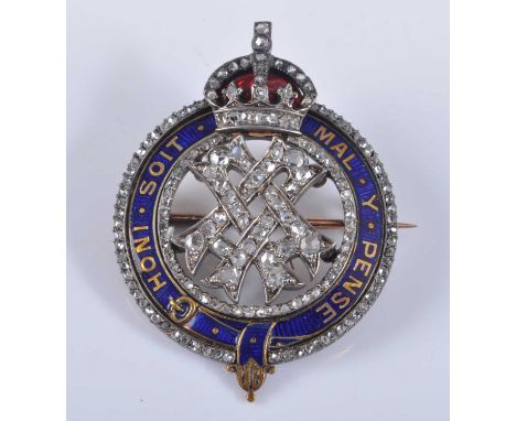 A yellow and white metal diamond set Queen Alexandra commemorative brooch, featuring a centre triple A monogram set with thir