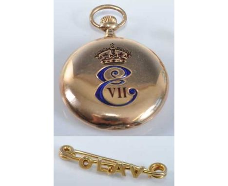 A Vacheron & Constantin 14ct gold cased full hunter pocket watch, the obverse cover with Edward VII royal cipher(?) in blue a