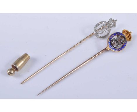 Two yellow metal royal monogram stick pins, one with oval openwork detail and letter G set with fifty-nine 0.65 to 1mm rose c