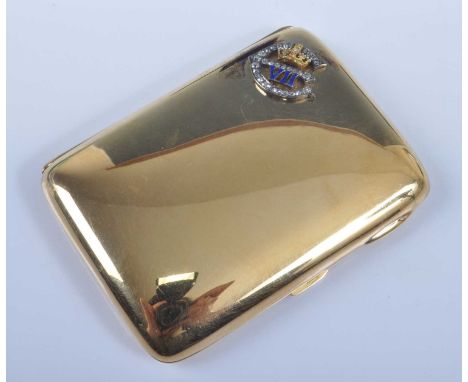 An 18ct yellow gold rectangular cigarette case, with Edward VII monogram to the top left corner set with thirty-two 1.5 to 2m