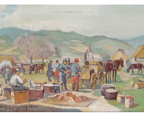Hans EnzingerKrummnussbaum 1889 - 1972 Baden bei WienMittagspauseÖl auf Papier9 x 12 cm, mit Rahmen 20 x 23 cmSigniert u.l.